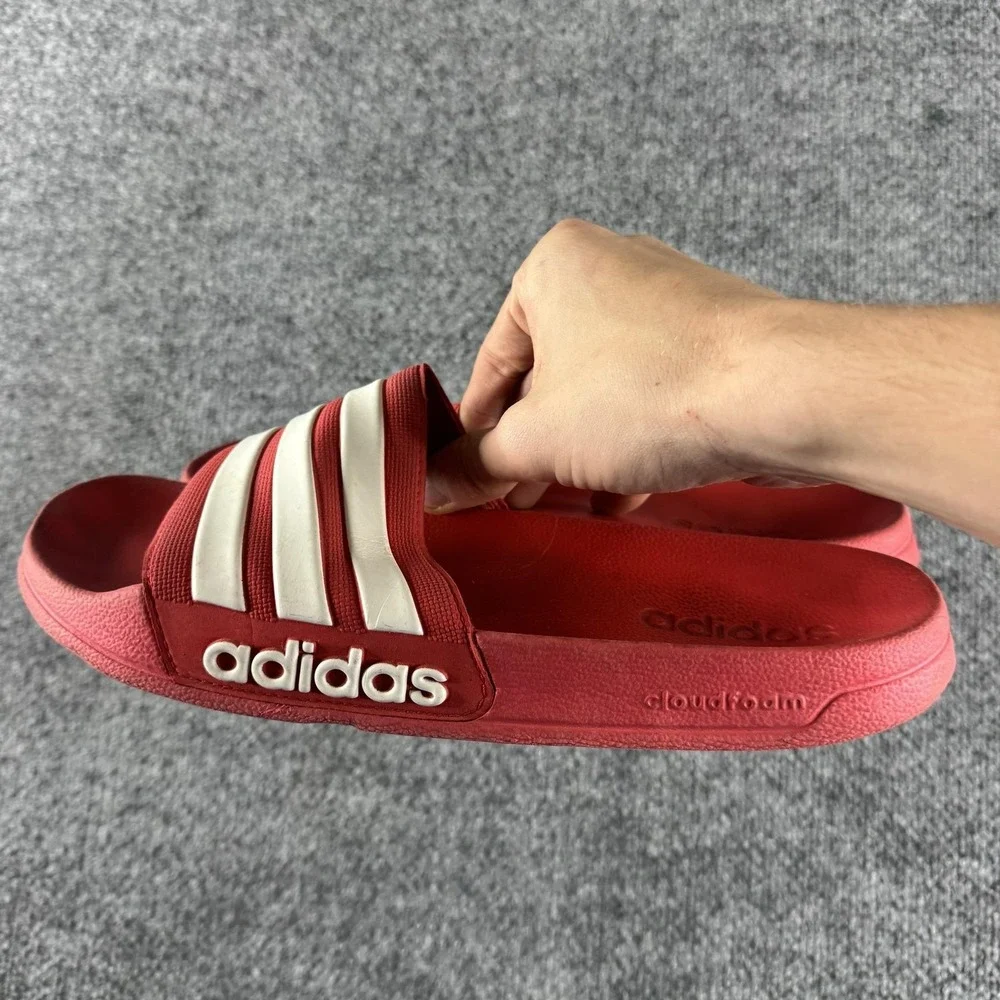 Adidas Cloudfoam Sandals Mens Size 9 Red Slide Striped Logo Comfort Slip On